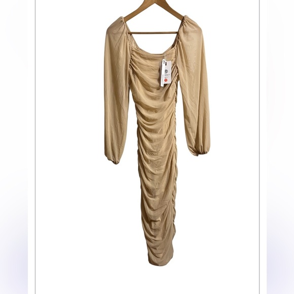 NWT MEROKETTY Long Puff Sleeve Ruched Bodycon Square Neck Mesh Midi Sz S Women - Picture 9 of 10